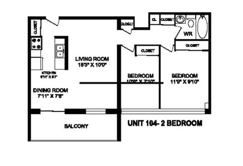Floor plan for 2 beds, 1 bath, 757 sqft